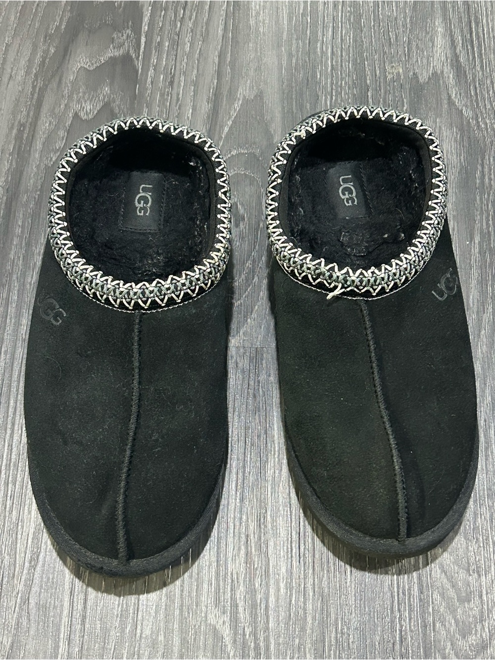 UGG Tasman Black Suede Slippers Women’s Size 8 Embroidered Trim Shearling